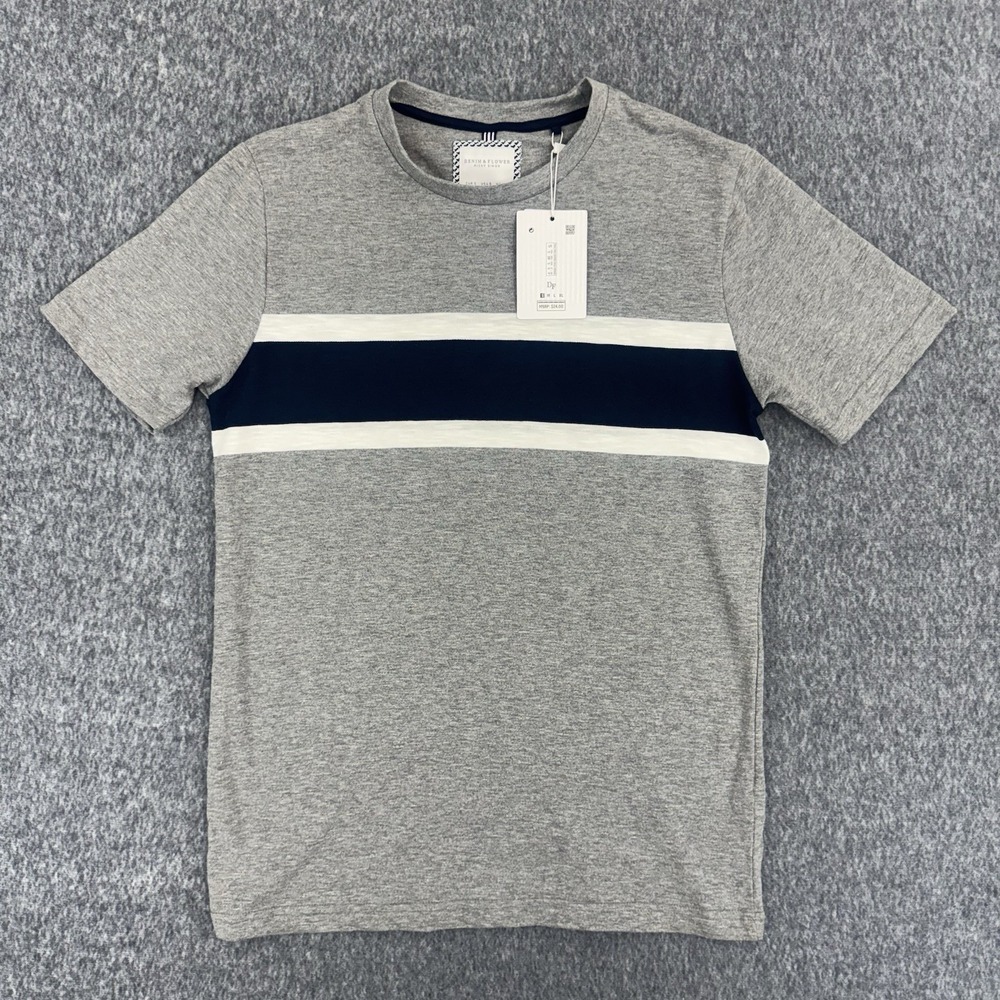 NEW Denim & Flower Ricky Singh‎ Stripe T Shirt Gray Men Small Crew Neck Casual